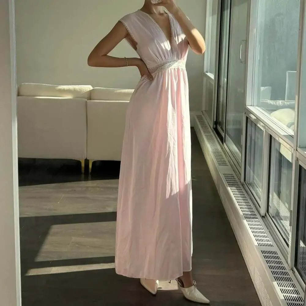 Vintage Baby Pink Lace Trim Maxi Dress - Fairycore Ballet Style - Picture 2 of 8